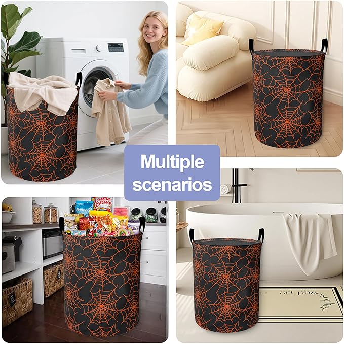 Halloween Spider Web Laundry Hamper Large Canvas Fabric Lightweight Storage Basket/Dirty Clothes Collapsible Waterproof for College Dorms, Boys and Girls Bedroom,Bathroom