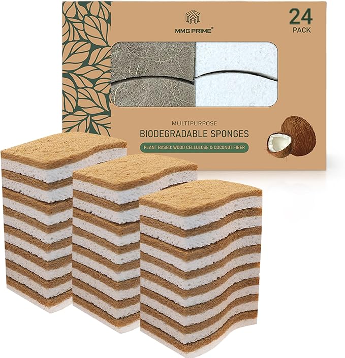 MMG Prime Natural Kitchen Sponge –24-Pack Biodegradable Sponges for Dishes –Compostable Dish Washing Scrubbers – Eco Friendly Non-Scratch Cellulose & Coconut Husk Scrubber Sponges for Cleaning