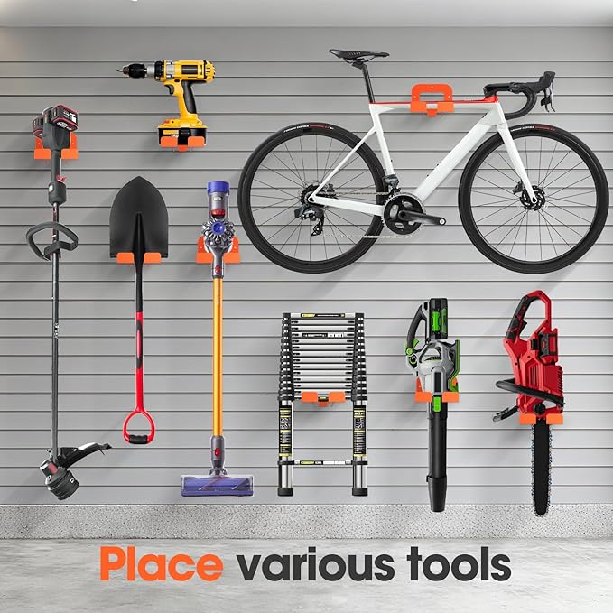 4-Pack Garage Organizer Trimmer Rack, Weed Eater Hanger, Matel Wall Hooks Weed Wacker Holder, Heavy Duty Wall Hangers for Grass Trimmer, Hedge Trimmer, Garden Tools Storage, Orange