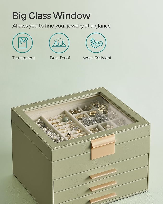 SONGMICS Jewelry Box Organizer with Glass Lid, 4-Layer Jewelry Storage, with 3 Drawers, Modern Style, 8 x 9.1 x 6.5 Inches, Laurel Green and Gold Color UJBC173C02