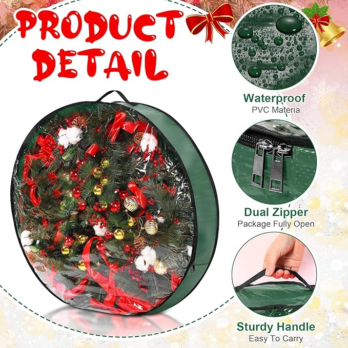 Aliceset 4 Pack Wreath Storage Containers, Christmas Ornament Garland Wreath Storage Bags with Handle Dual Zipper Large Decorative Storages Box for Winter Wreaths(36 x 36 x 7.8 Inch,Green)