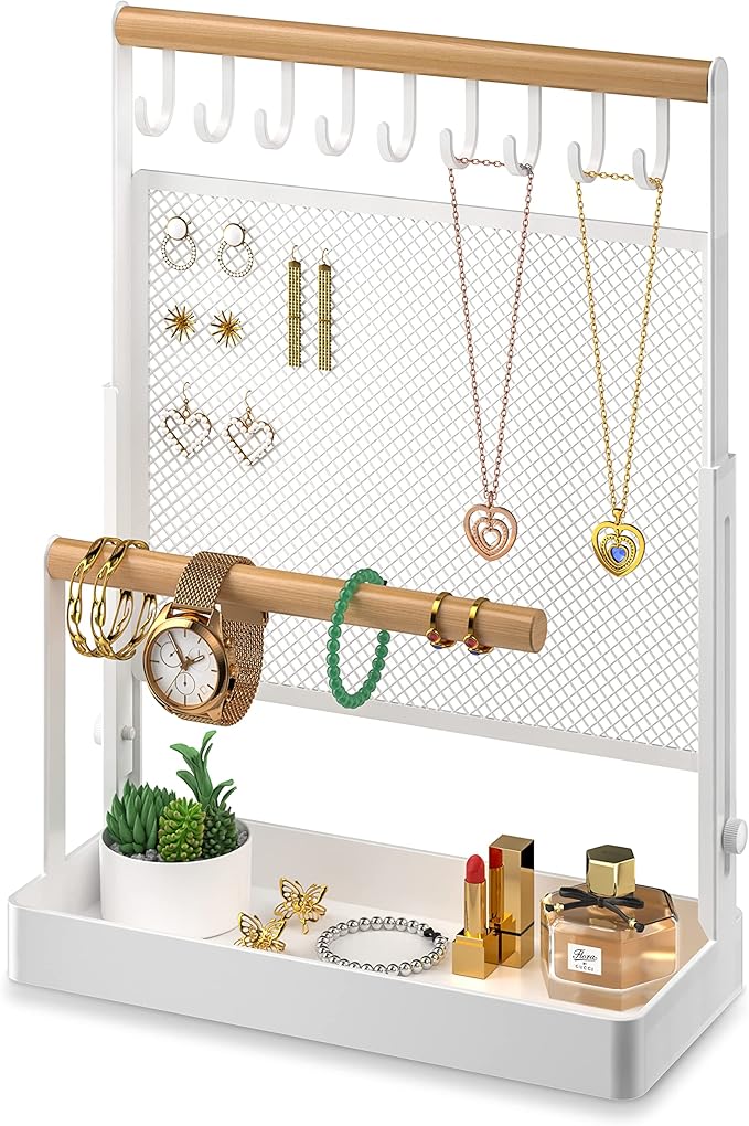 IOAIANIA Jewelry Organizer Stand, Liftable Necklace Holder with Earring Organizer Net, 9 Hooks Necklaces Storage Wooden Handing Bar for Bracelets Watches Rings (White)