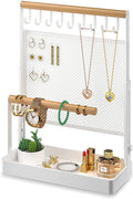 IOAIANIA Jewelry Organizer Stand, Liftable Necklace Holder with Earring Organizer Net, 9 Hooks Necklaces Storage Wooden Handing Bar for Bracelets Watches Rings (White)