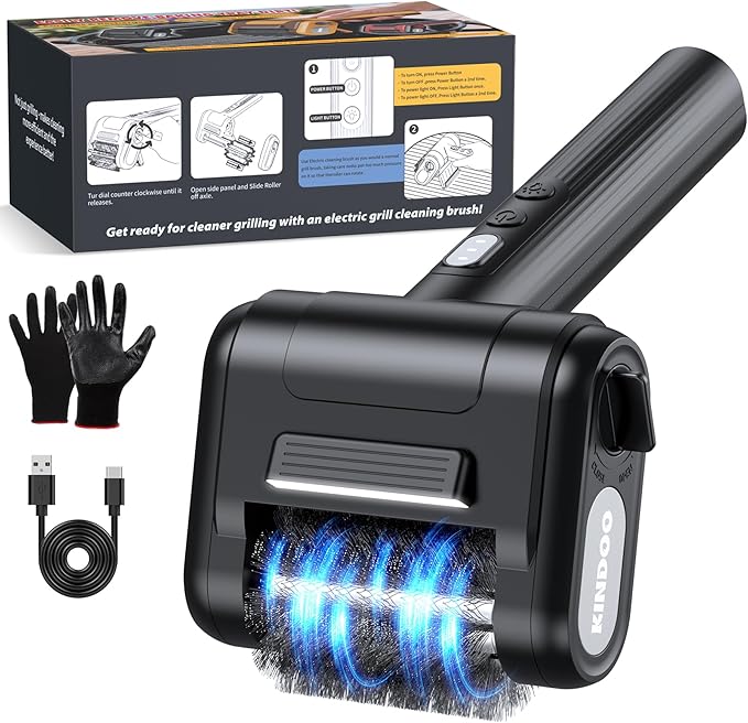 Electric Rechargeable Grill Brush,Grill Cleaner for Outdoor Grill with 800 RPM Motor - Bristle Stainless Steel Grill Cleaner with LED Light for BBQ, Heavy Duty Grill Cleaning Tool（Black）