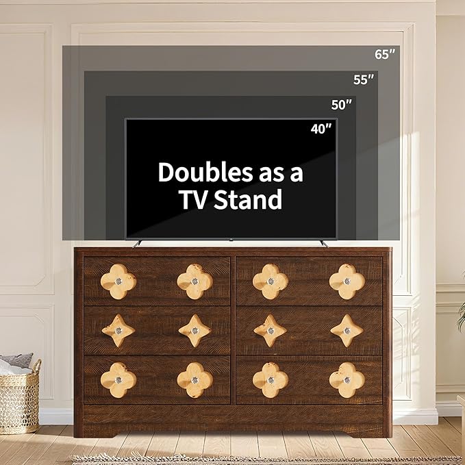 Garvee Dresser for Bedroom with 6 Drawers, 47.2'' Wide Chest of Large Decorative Drawer Front with Large Clothes Storage Cabinet, Wood Bedroom Dresser, TV Stand for Nursery, Living Room, Brown