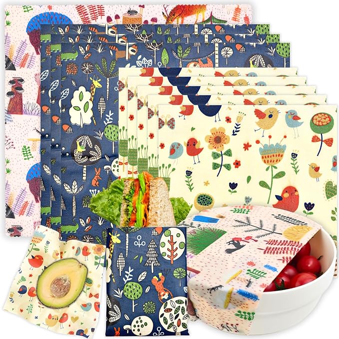 Reusable Beeswax Wrap - 9 Pack Beeswax Wraps for Food, Eco-Friendly Beeswax Food Wraps, Bread Sandwich Food Wrap - Organic, Sustainable, Zero Waste, Plastic-Free Food Storage, 1XL, 3M, 5S