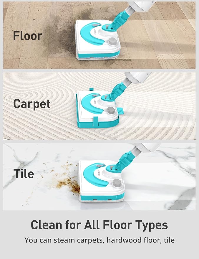 Professional Steam Mop Cleaner, 1300W Floor Steamer with Detergent Chamber, 25S Heat Up, Lightweight Steamer for Cleaning with 2 Washable Pads, Safe for Tiles, Upholstery, Carpet, Hardwood, Teal