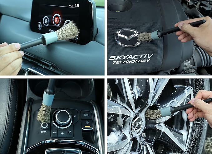 TAKAVU Complete Car Detailing Brush Kit (10 Piece) - Boar Hair Detail, Wire & Vent Brushes with Microfiber Towel for Wheels, Interior, Engine Bay Cleaning