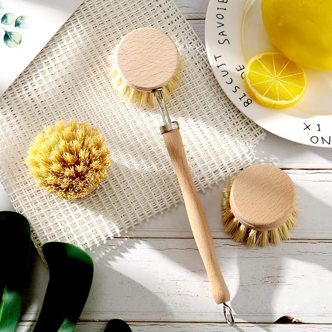 Boao Dish Brush with Beechwood Handle with 2 Replacement Heads Natural Wood Dish Scrub Brush for Washing and Cleaning Pots and Pans