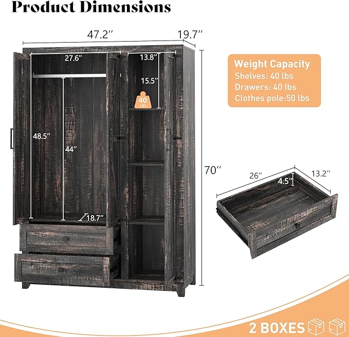 AMERLIFE Farmhouse 3 Door Wardrobe Closet with 2 Drawers & Hanging Rod, 47" Large Armoire Storage Cabinet with Adjustable Shelves, Freestanding Clothing Organizer for Bedroom, Black Oak