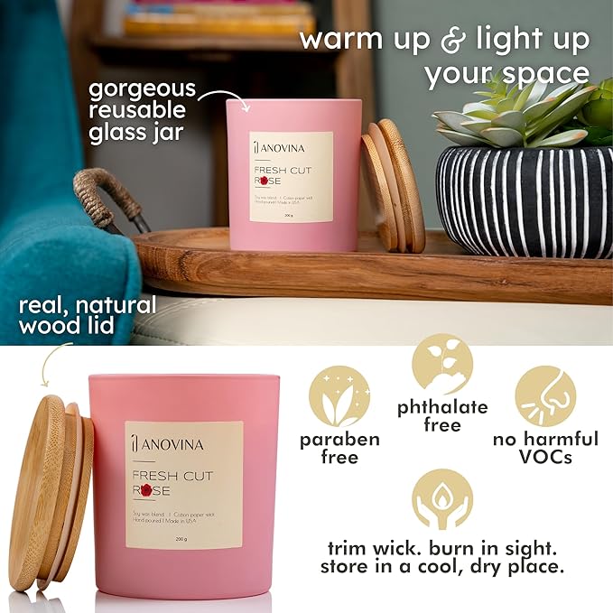 Anovina Rose Scented Candle – Long-Lasting Soy Wax Blend, – Non-Toxic Floral Candle for Home Décor & Relaxation – Aesthetic Gift for Women