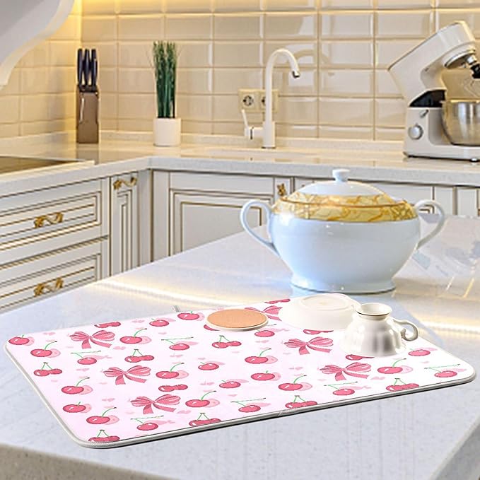 Pink Bow Bowknot Dish Drying Mat for Kitchen Countertop 18x24 Rectangle Large Drying Mat Reusable Quick Dry Dish Sink Absorbent Mats Dishwasher Easy Clean Decorative Home Decor Essentials