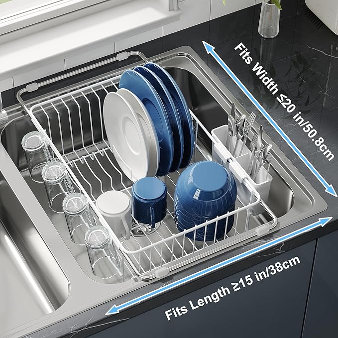 JASIWAY Dish Drying Rack in Sink, Small Dish Drainers for Inside Sink, Over The Sink Dish Racks, Stainless Steel Drying Rack with Utensil Holder, White