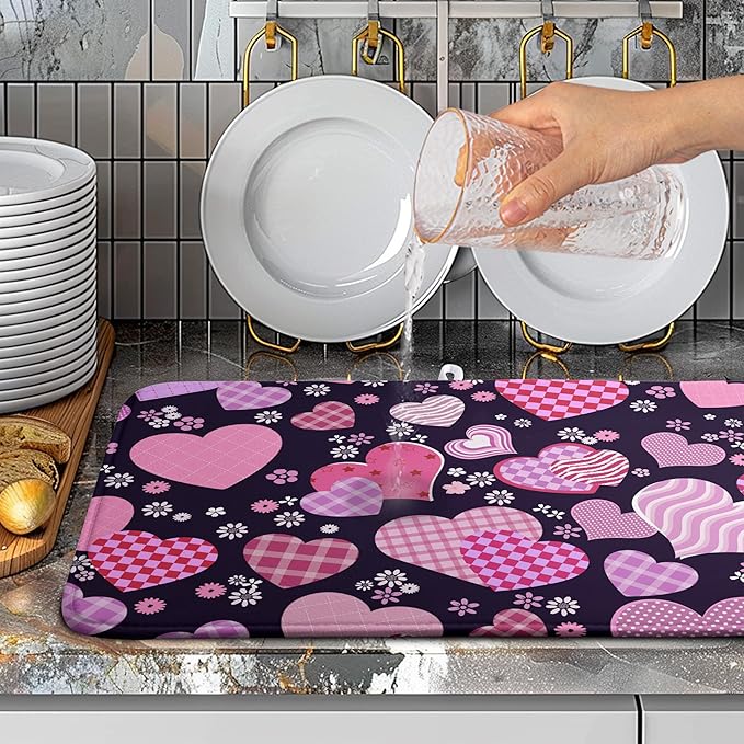 Valentine Pink Love Heart Dish Drying Mat for Kitchen Counter - Happy Valentine's Day Microfiber Pad 18x24 Inch Absorbent Drainer Large Dryer Kitchen Accessories