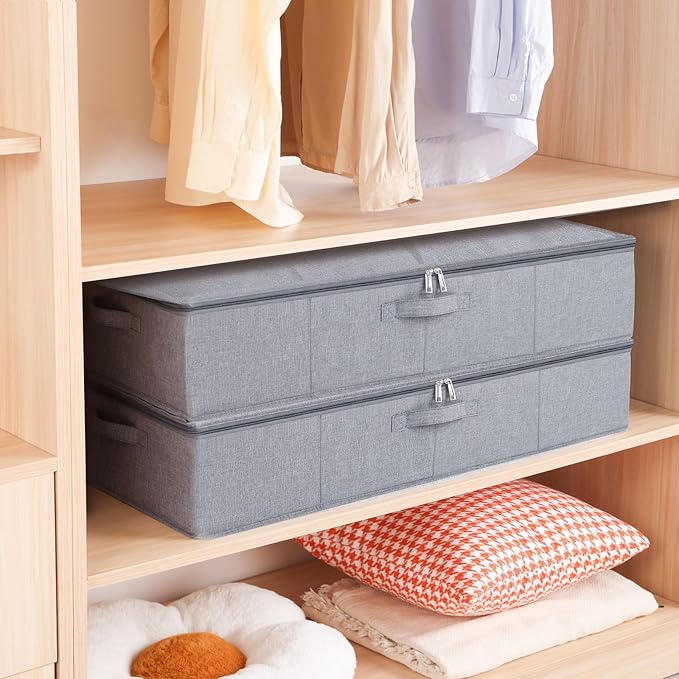 YheenLf Underbed Storage Organizers, 31.5 x 15.7 x 5.9 Inch Container Bags with Lids and Handles, Storage Boxes for Blanket, Pillows, Shoes, Grey, 2 Pack