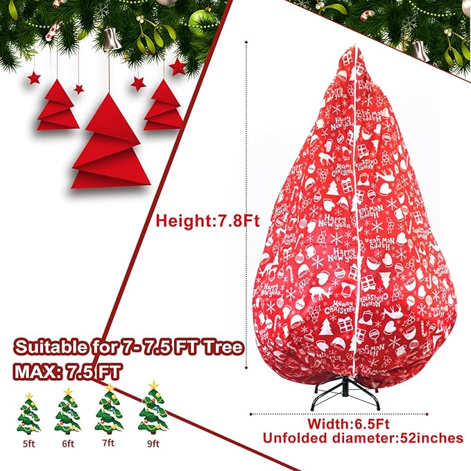 Upright Christmas Tree Storage Bag,Fits Up to 7.5 ft Tall Artificial Tree,Large Holiday Xmas Tree Cover Upright Tree Dustproof Bag with Zipper & Drawstring 6.6ft(W)*7.8ft(H) *52in(Dia)(Red)