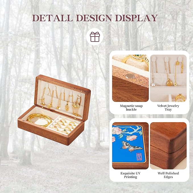 Travel Jewelry Case Small Wood Jewelry Organizer Jewelry Box for Women (Nut-Brown Print F)