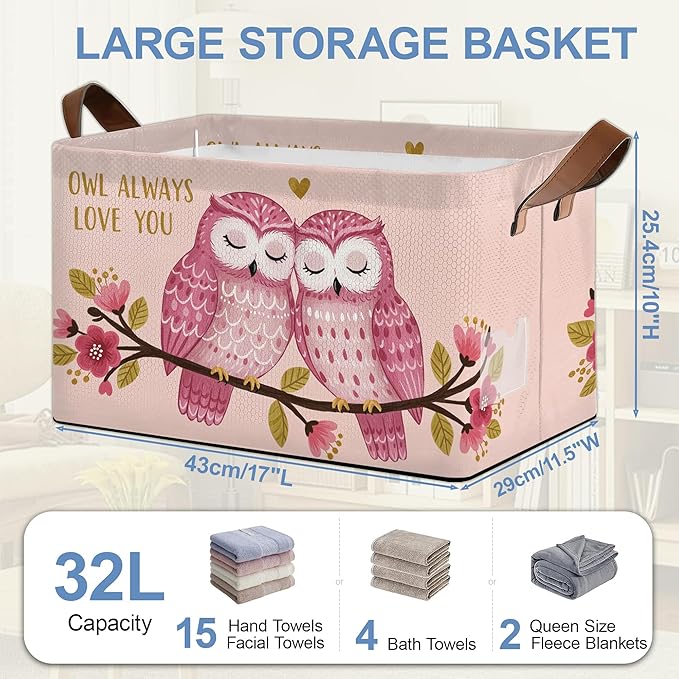 Pink Owl Storage Baskets,Flowers Foldable Organizer Bin with Handles for Home Living Room Bedroom Closet Box 17x11.5x10Inch
