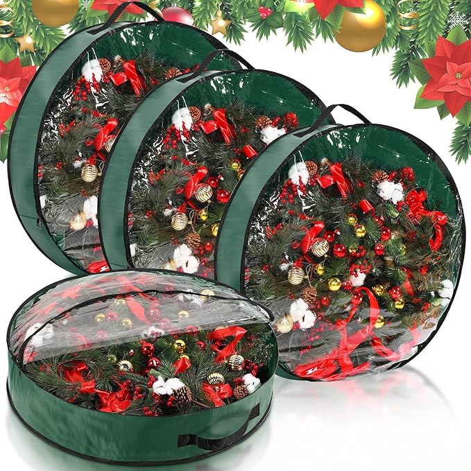 Aliceset 4 Pack Wreath Storage Containers, Christmas Ornament Garland Wreath Storage Bags with Handle Dual Zipper Large Decorative Storages Box for Winter Wreaths(30 x 30 x 7.8 Inch,Green)