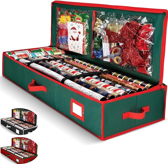Premium Wrapping Paper Organizer Storage | Gift Wrap Holder With Extra Pockets for Christmas Decorations, Reinforced Handles, Heavy Duty, Ultra-Durable, Tear-Proof Fabric - Fits Up to 27 Rolls (Green)