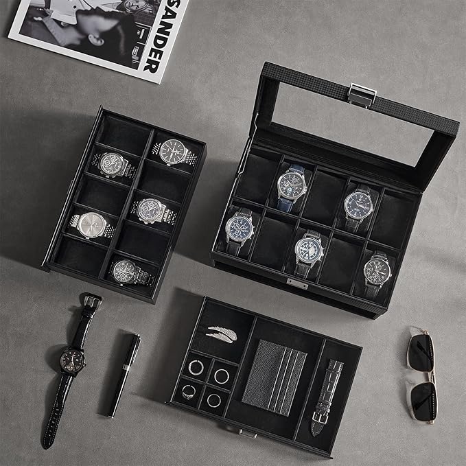 ProCase 20 Slot Watch Box for Men, 3-Layer Watch Display Case with Glass Lid, Watch Holder with Drawer, Jewelry Storage Organizer for Watches Straps Rings -AllBlack