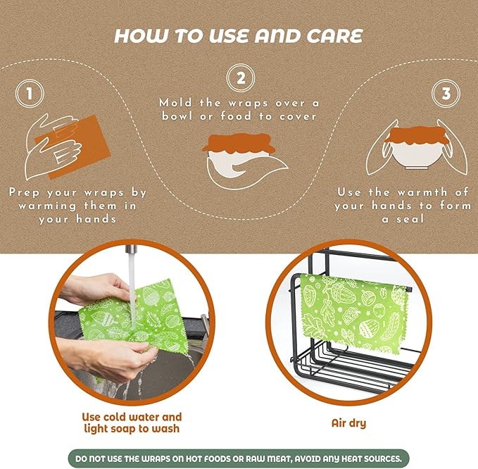 Akeeko Reusable Beeswax Food Wraps - Assorted 9 Packs, Reusable, Plastic-Free Food Storage, 5 Small, 3 Medium, 1 Large Wraps with Plants Pattern