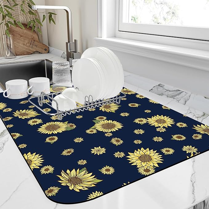 Hand Drawn Sunflower Dish Drying Mat Watercolor Sunflower Kitchen Mat 12"x19" Bsorbent Coffee Maker Mat for Dishes Utensils Coffee Maker Pots and Pans Easy Clean Dish Slip Resistant Pad