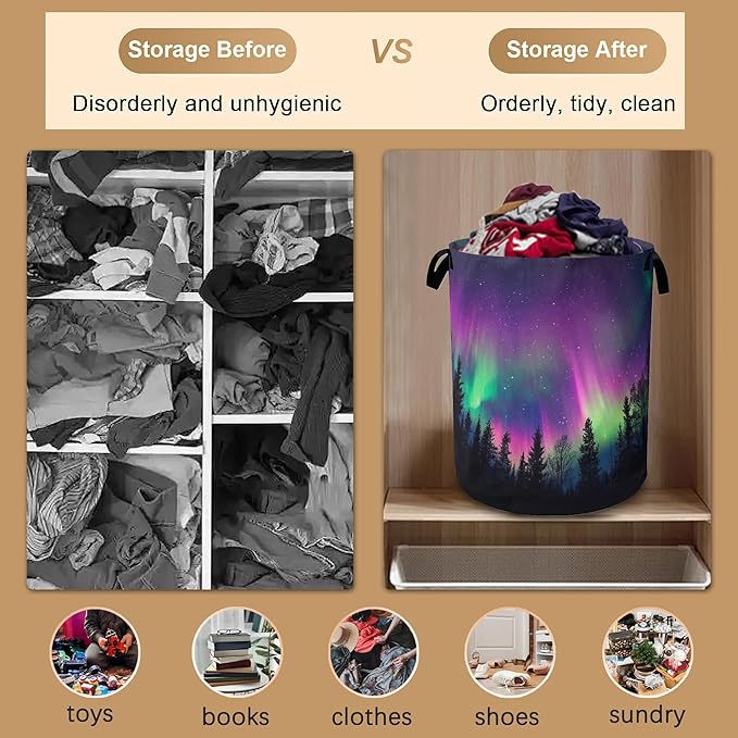 Northern Lights Laundry Hamper,Collapsible Laundry Baskets,Dark Forest Dirty Clothes Baskets with Handles,Oxford Cloth Hamper for Bedroom,Bathroom,College Dorms, 16"x20"