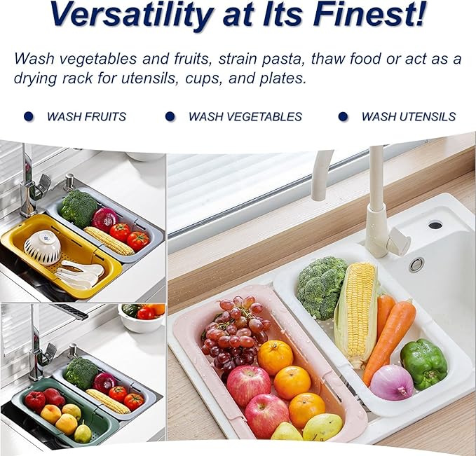 YUNKWONG Extendable Sink Colander Strainer Basket - Wash Vegetables and Fruits, Drain Cooked Pasta and Dry Dishes - Adjustable Over the Sink Colander Collapsible Drainer Basket - White
