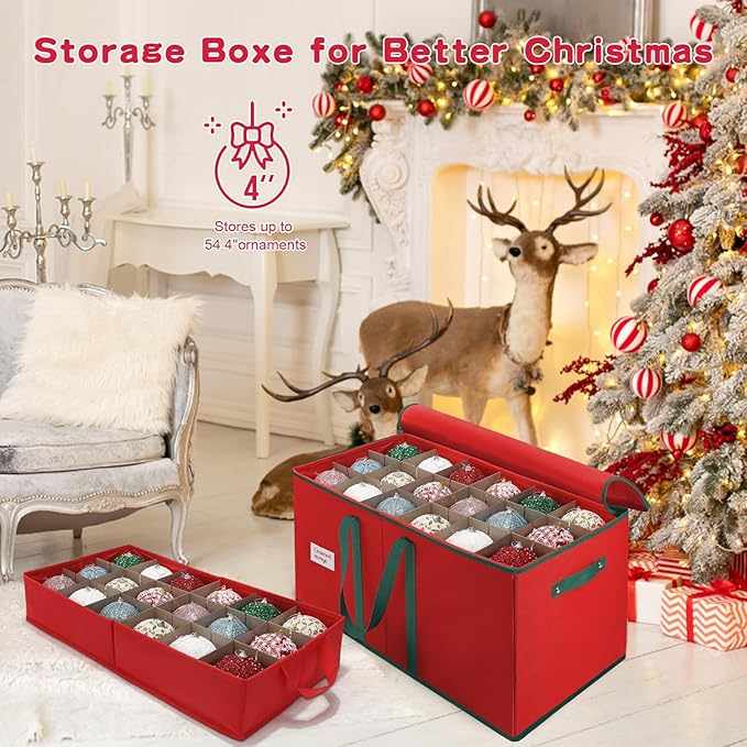 Christmas Ornament Storage Box, Stores Up to 54-4" Ornaments, 3 Individual Trays, Adjustable Dividers, 600D Oxford Fabric, Large Organizer Bin to Protect and Store Holiday Décor