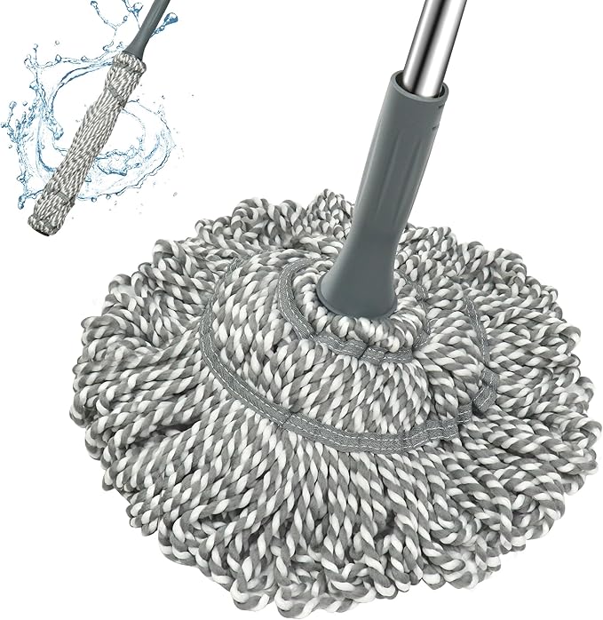 Kickleen Self Wringing Mop - Easy Squeeze Twist Mop with 52.5 Inch Long Handle, Heavy Duty for Hardwood, Tile, Vinyl & Laminate Floors (Gray)