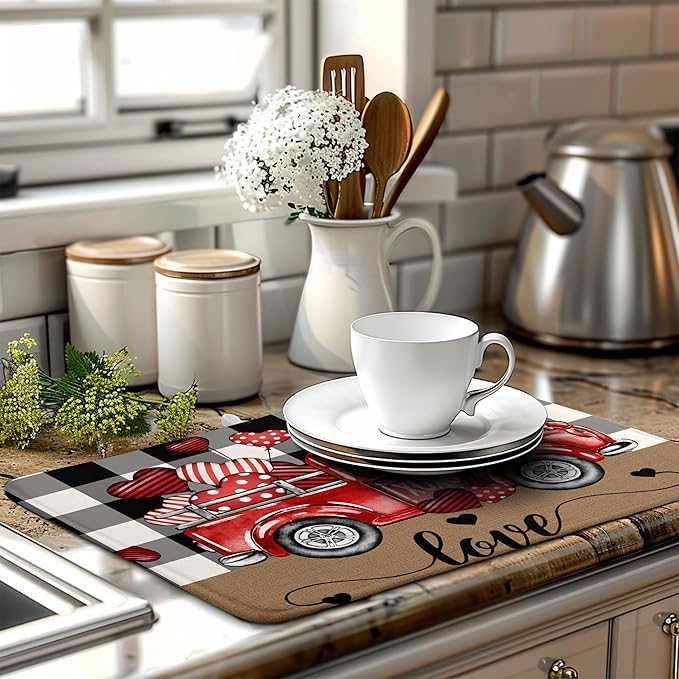 Valentines Dish Drying Mat Valentine Buffalo Plaid Hearts Kitchen Drying Pad Absorbent Dishes Dryer Mats 18x24 Inches