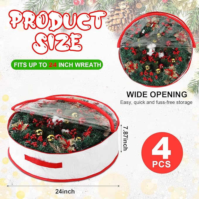 Aliceset 4 Pack Wreath Storage Containers, Christmas Ornament Garland Wreath Storage Bags with Handle Dual Zipper Large Decorative Storages Box for Winter Wreaths(24 x 24 x 7.8 Inch,White)