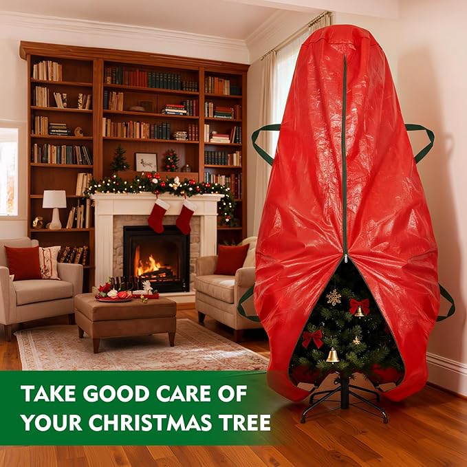 9 ft Christmas Tree Storage Bag, Upright Christmas Tree Bag with Strong Handles, Waterproof & Tear Resistant Xmas Storage Cover with Zippers for Wide Opening(Red)