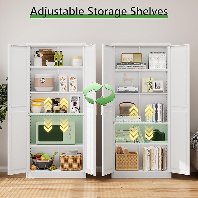 71" Kitchen Pantry Storage Cabinet,White Tall Storage Cabinet With Doors and 4 Shelves,Metal Food Pantry Cabinets for Kitchen Storage,Freestanding Cupboard for Dining Living Room,Assemble Required
