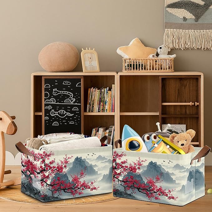 Cherry Blossom Collapsible Storage Box,Moutain Japan Organizer Bin with Handles for Room Decoration,Bins Book Basket Box 17x11.5x10Inch