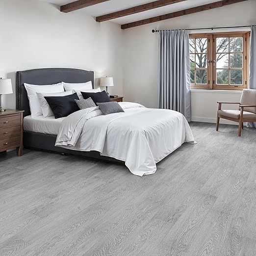 Peel and Stick Floor Tile, INMOZATA Self Adhesive Vinyl Plank Flooring Tile Wood Grain Look 36-Pack 54 Sq.Ft Waterproof Tile Sticker for Bedroom, Living Room, Kitchen, RV (Light Gray)