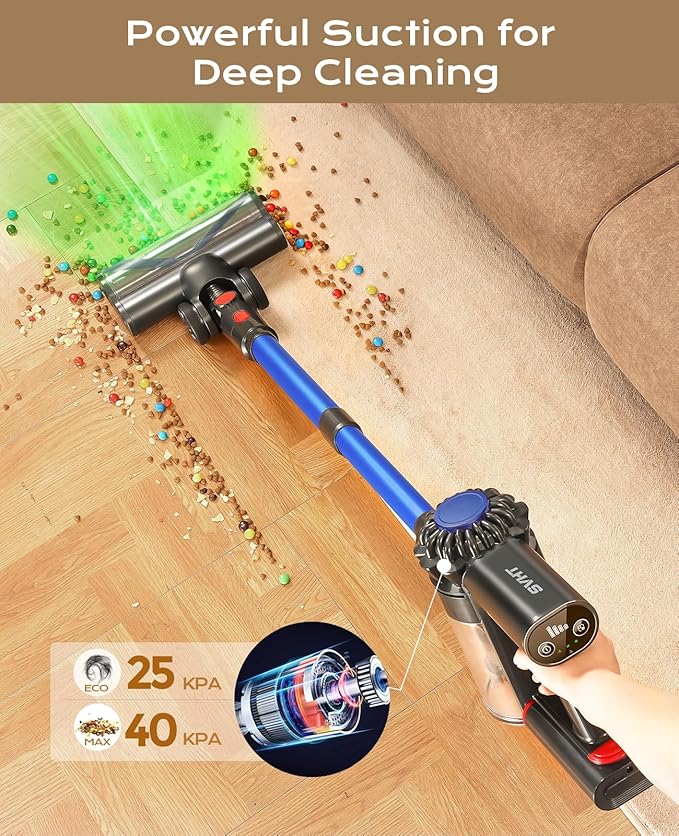 SVHT Cordless Vacuum Cleaner, 450W 40KPA Vacuum Cleaners for Home, 45Mins Lightweight Stick Vacuum with Advanced Green Light Tech, Rechargeable Battery Vacuum for Carpet,Pet Hair,Hardwood Floor