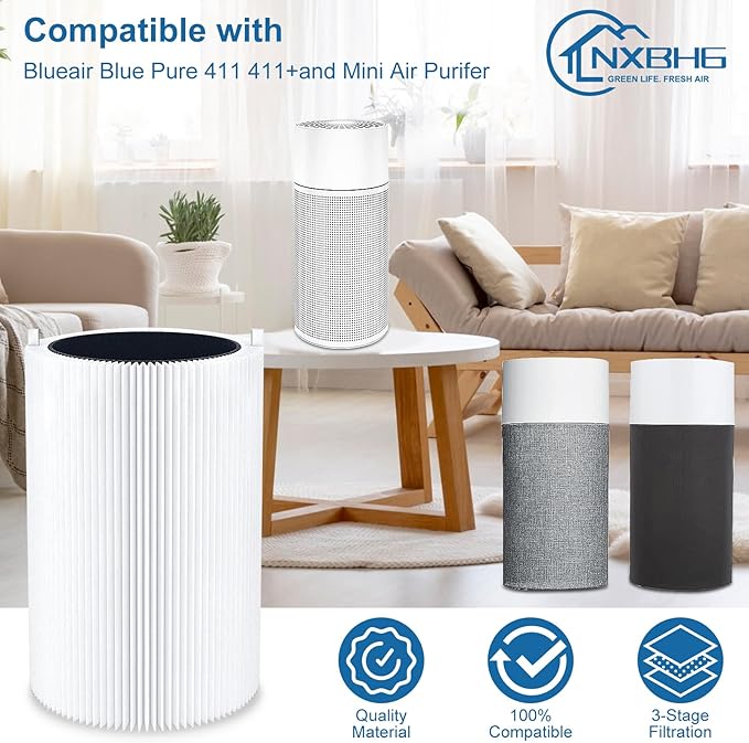 NXBHG Blue Air Filter Replacement 411 Compatible with Blueair 411 Genuine, Blue Pure 411+,411 Auto & Mini, 3 Pack Particle and Activated Carbon Filter (3 Pack Filter)