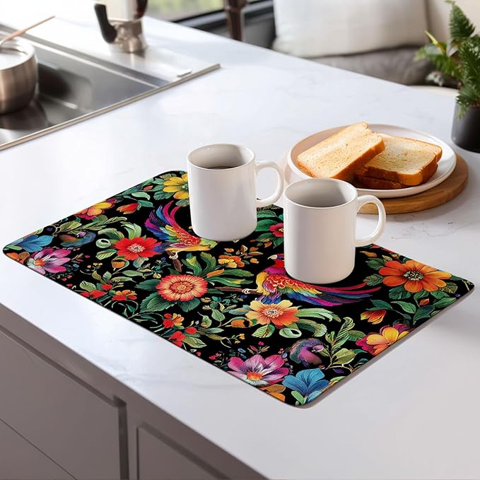Mexican Flowers Dish Drying Mat for Kitchen Counter Microfiber Super Absorbent Non-Slip Dish Drying Pad for Countertops Dishes Utensils Stylish Quick-Dry Machine Washable 18x24 Inch