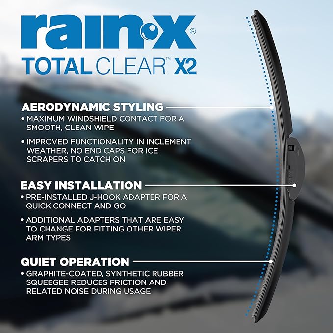 Rain-X 810333 Total Clear Beam Wiper Blades 24" & 20" Windshield Wipers for All-Weather Performance, Rubber Squeegee for Smooth Clean Wipe & Quiet Operation - 2 Pack Value