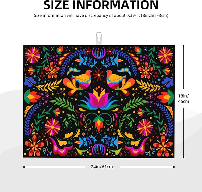 Mexican Flower Microfiber Dish Drying Mat for Kitchen Counter Mexican Dishes Pad Black Dish Drainer Rack Mats 18"x24" Absorbent Washable Reusable