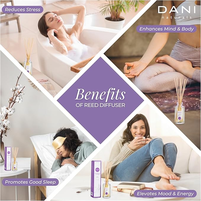 DANI Naturals Reed Diffuser Set - Calming Lavender Lemongrass Scent - Aromatherapy Essential Oils - Alcohol-Free, Non-Toxic - 10 Sticks - 3.5 oz
