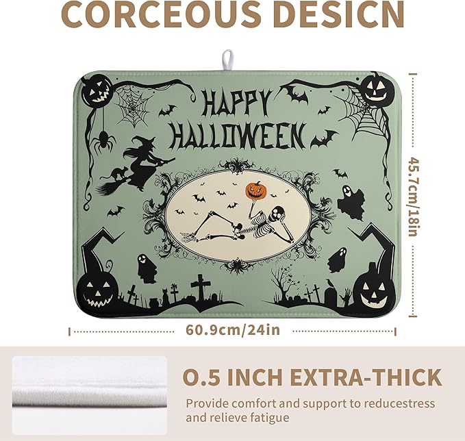 Wnoesat Happy Halloween Dish Drying Mat for Kitchen Counter 18x24 Skull Pumpkin Witch Spider Web Bat Ghost Drying Mats Green Black Absorbent Microfiber Dish Drainer Rack Pad for Coffee Bar