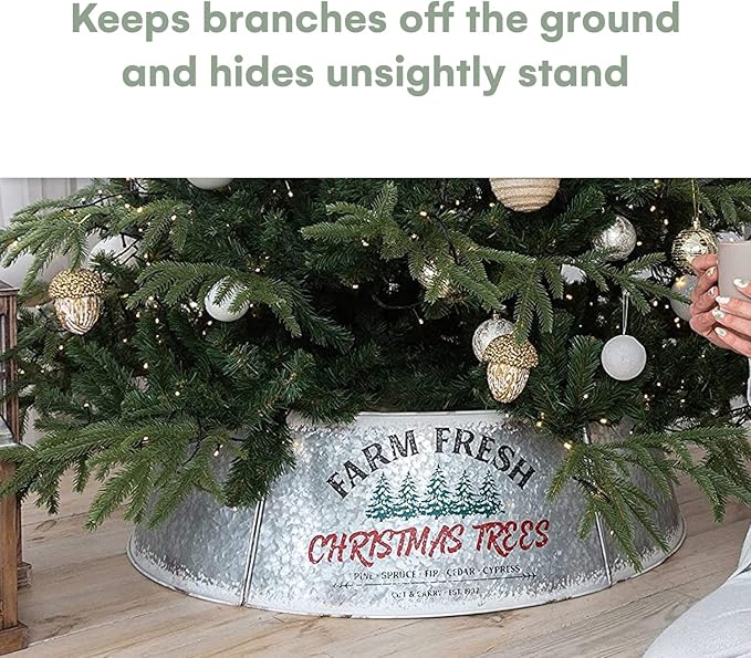 Hallops Galvanized Christmas Tree Collar - Oversized, Adjustable Metal Collar Ring for Large to XL Christmas Trees - Rustic Stand Up Tree Skirt with Distressed White Finish for Indoor Holiday Decor