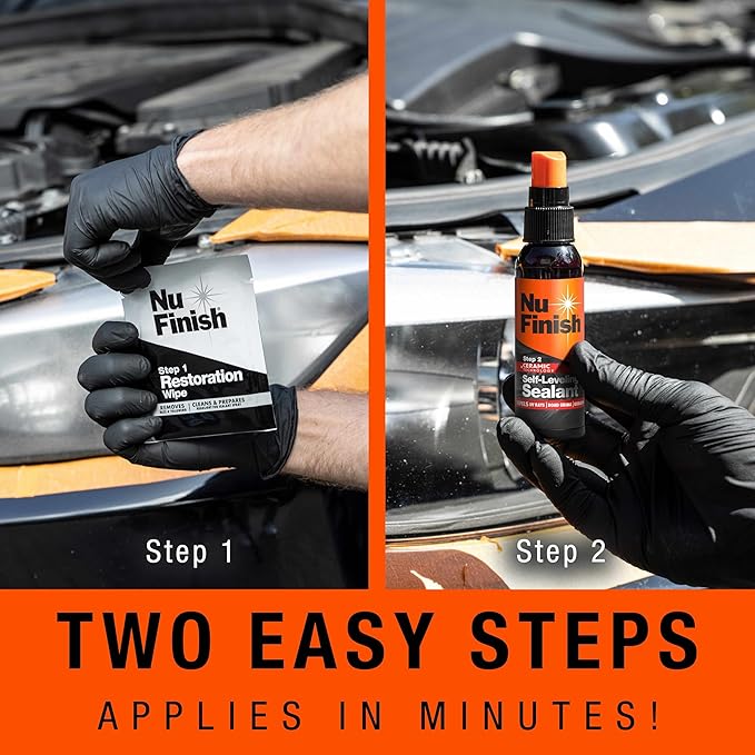 Nu Finish Headlight Restore and Repel Kit, 2-Step Car Headlight Restoration Kit with 4 Headlight Restorer Wipes and a Ceramic Self-Leveling Headlight Sealant Spray