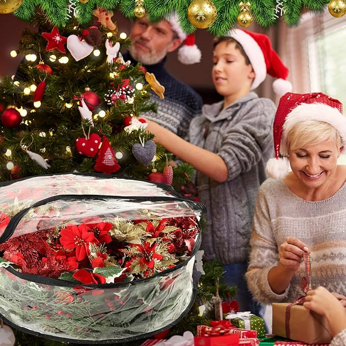 4 Pcs Christmas Wreath Storage Bag, 24 Inch Clear Black Edging Xmas Wreath Storage Container, Garland Holiday Artificial Wreath Storage Holder, Water Proof Transparent PVC with Handles