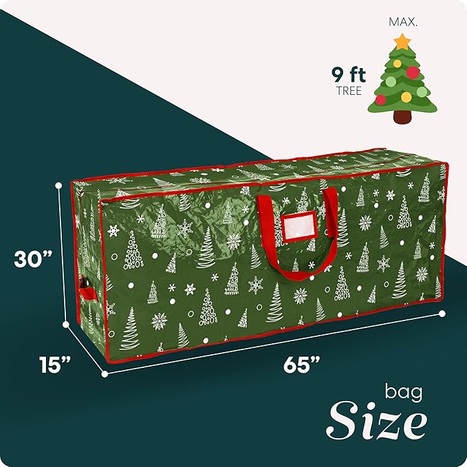 Christmas Tree Storage Bag - Stores 9 Foot Artificial Xmas Holiday Tree, Zippered Bag, Durable Waterproof Material, Carry Handles - Protects Against Dust, Insects and Moisture (Green Printed)