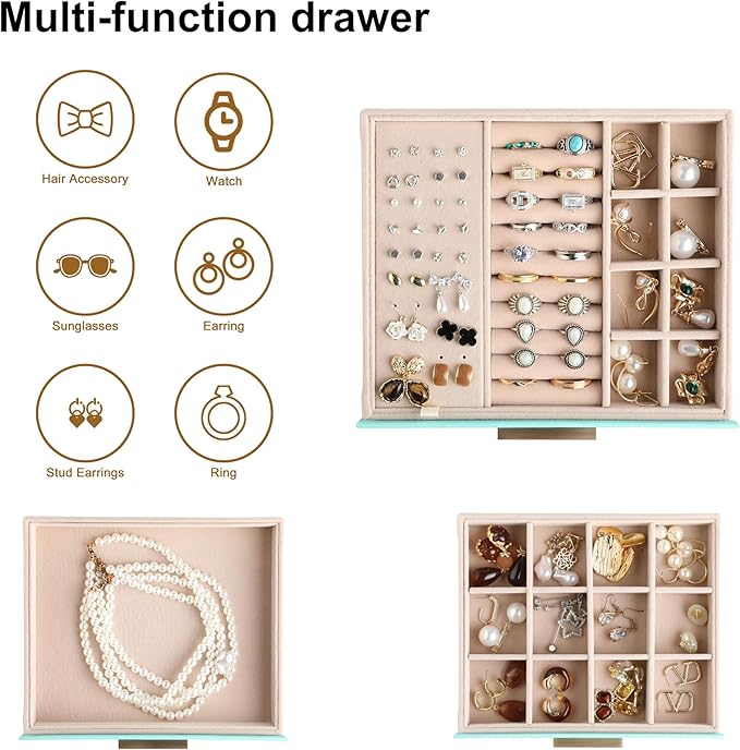 Frebeauty Clear Lid Jewelry Box,3-Layer Jewelry Organizer with Drawer,PU Leather Jewelry Organizers and Storage,Jewelry Boxes for Women,Jewelry Storage for Rings Earring Stud,Gift for Women(Turquoise)