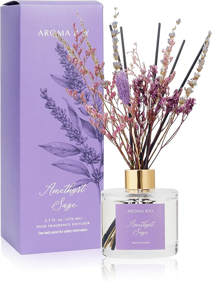 5.7 fl oz Amethyst Sage Reed Diffuser Set, Glass Bottle with Preserved Flowers, Natural Home Fragrance for Bedroom, Bathroom, Home Decor(170ml)